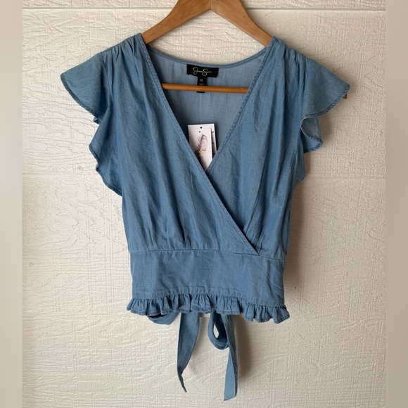 Jessica Simpson Tops - Jessica Simpson Chambray Wrap Top XS Ruffle Sleeve Tie Back NWT